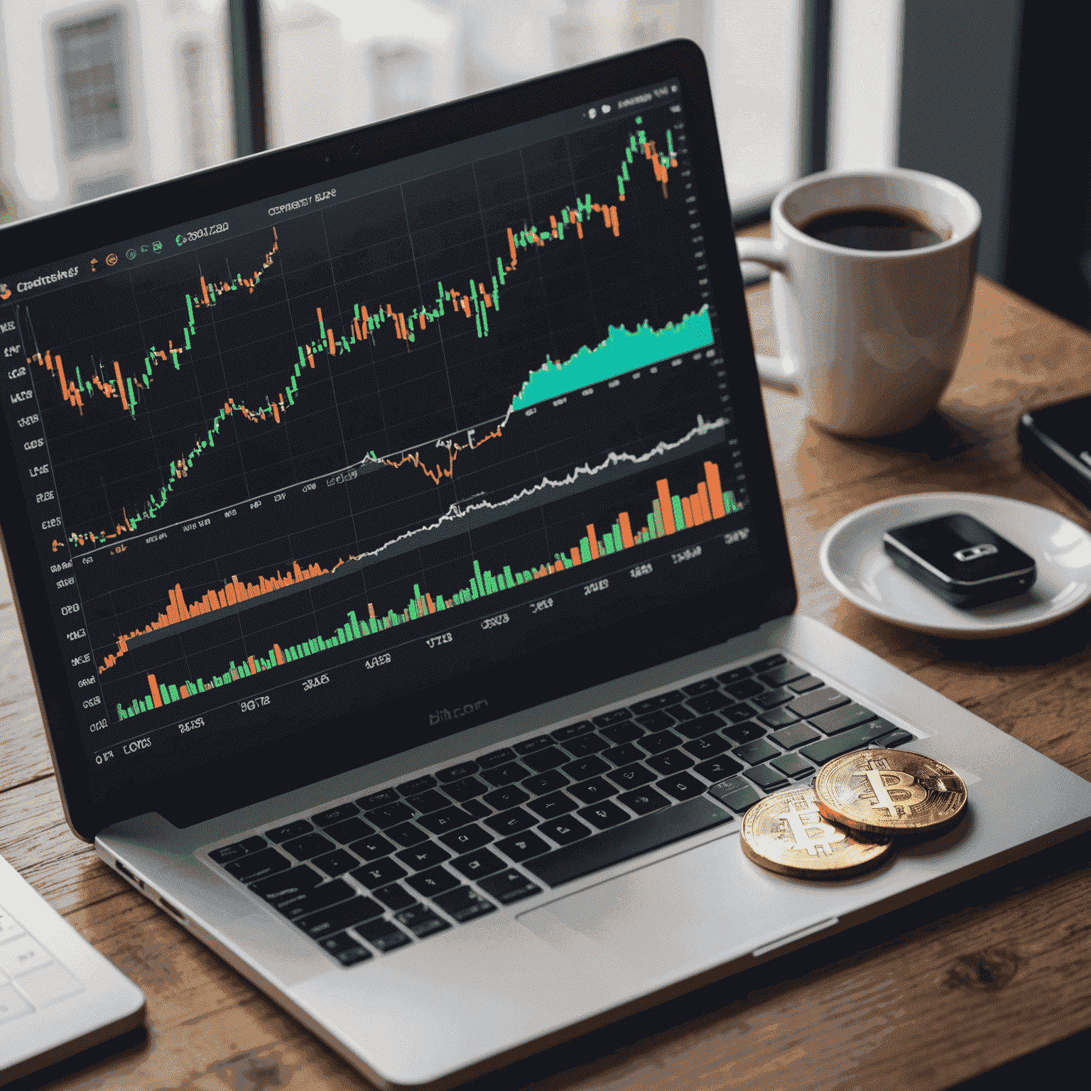 A conceptual image representing various cryptocurrencies like Bitcoin, Ethereum, and others, along with a graph showing market trends and a laptop displaying trading charts