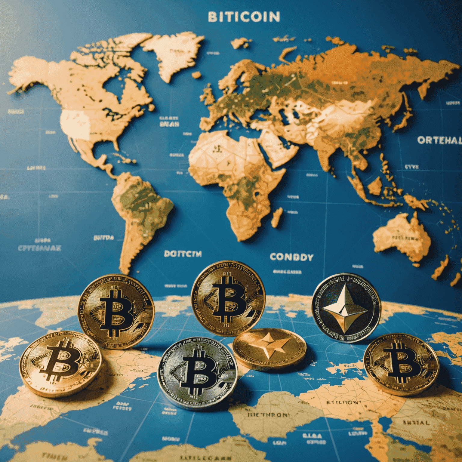 Image of various cryptocurrencies, such as Bitcoin and Ethereum, with a world map in the background, symbolizing the global reach of digital currencies