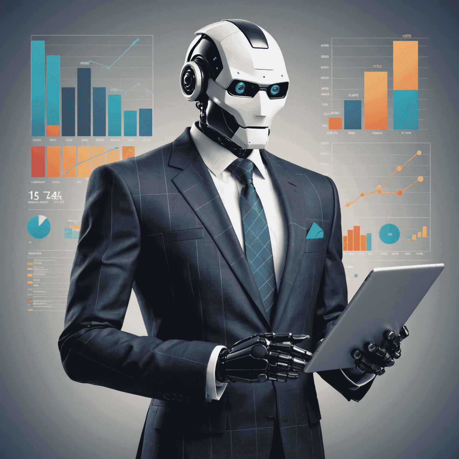 Illustration of a robot wearing a suit and tie, holding a tablet with financial charts, representing the rise of AI-powered robo-advisors in the financial industry